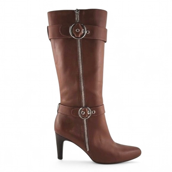 Ecco Shoes - ECCO Women's Tall Tan Brown Leather Heeled Boots Strap Buckle 37